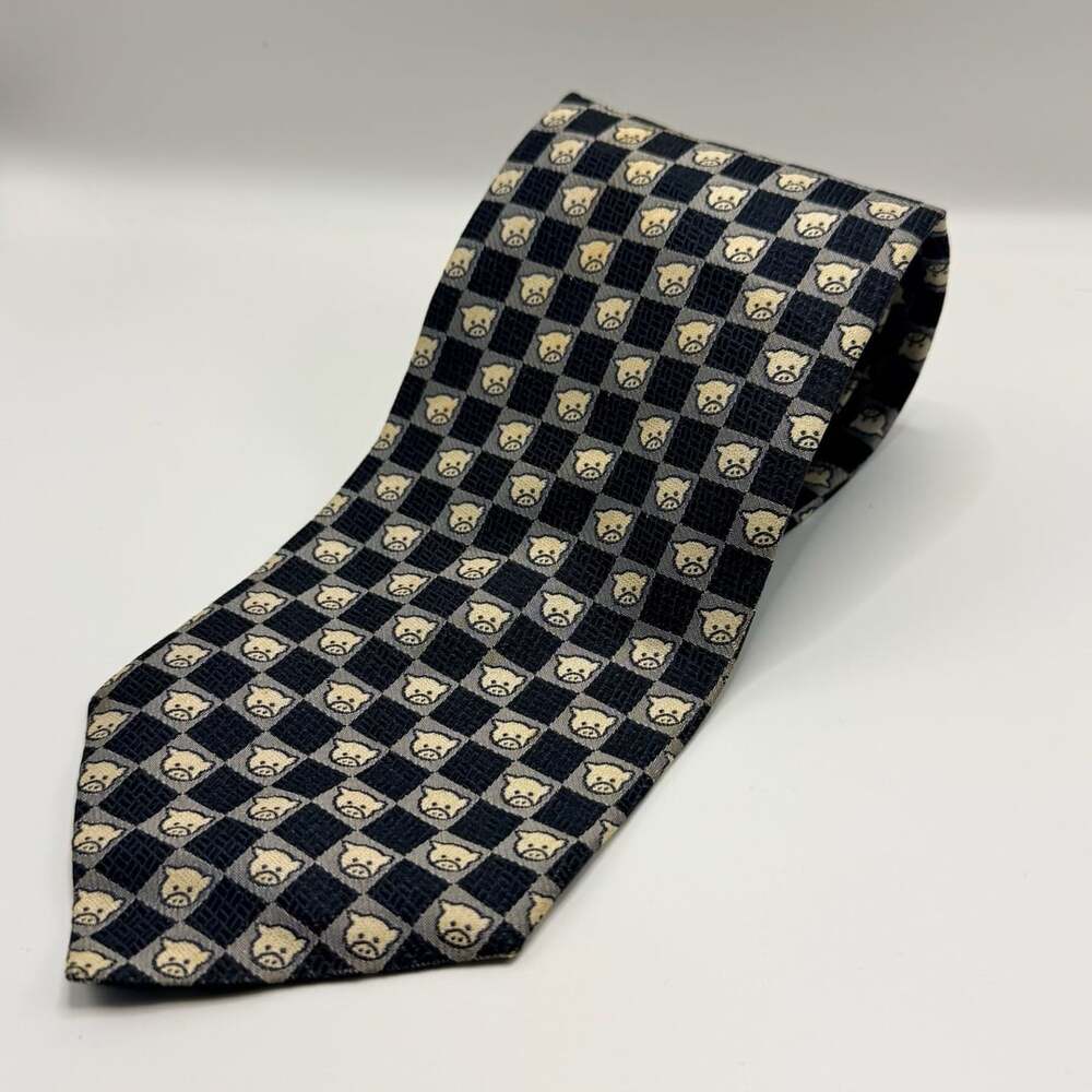 Naf Naf 100% Silk Black and Gray Checkered Pig Print Neck Tie
